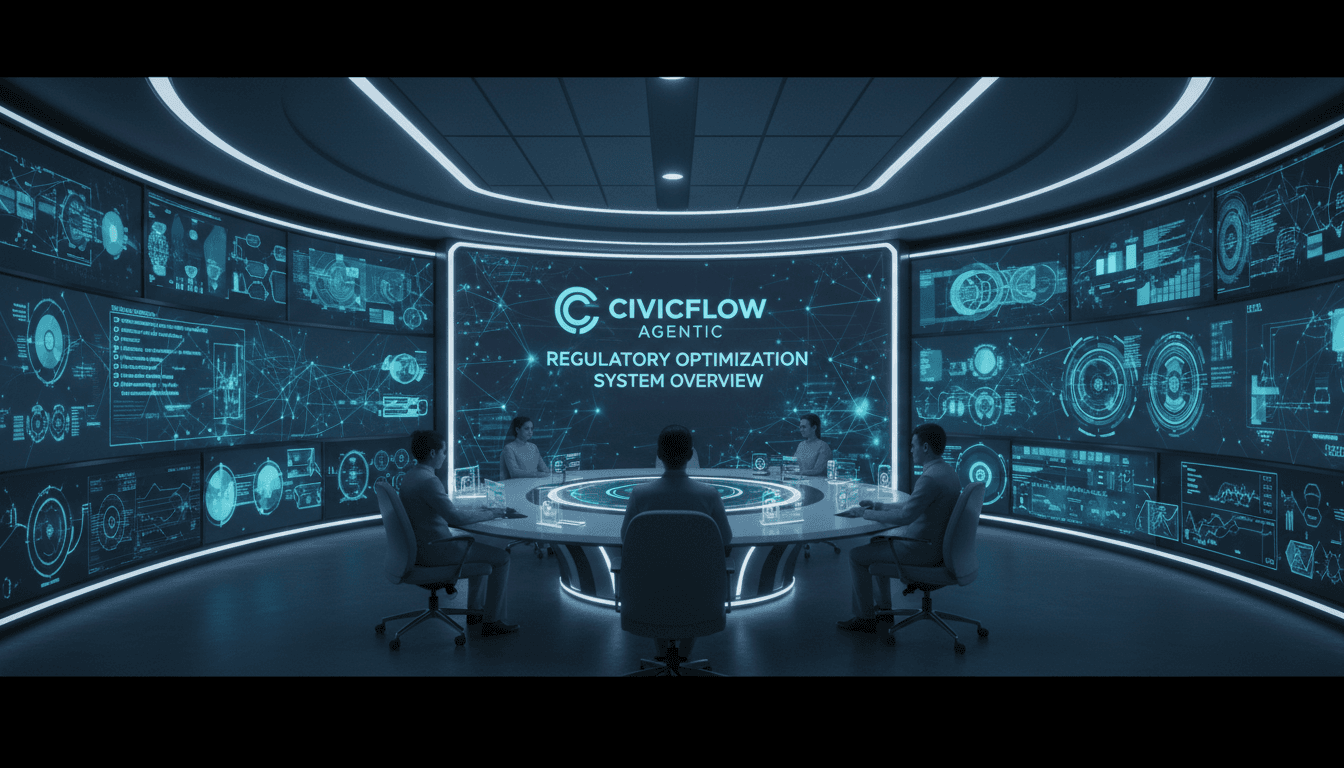 Futuristic command center with people viewing a Civicflow Agentic regulatory optimization system overview.