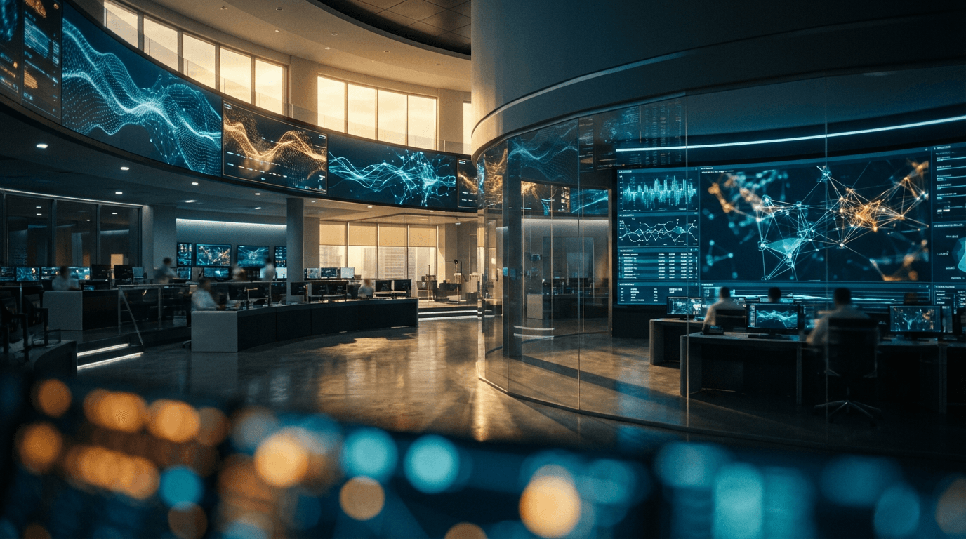 Dimly lit control room with glowing screens displaying data networks and geometric patterns in blue and amber light.