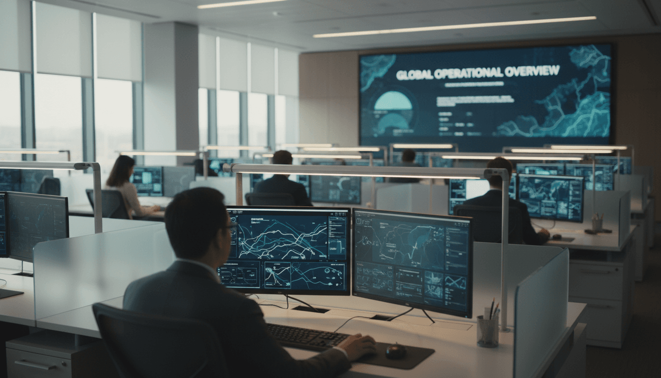 Modern government office with multiple workstations showing compliance dashboards